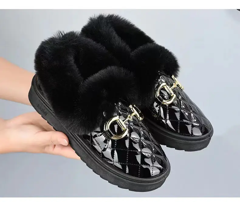 Women's White Fleece Slip-On Winter Shoes with Gold Buckle — feature 16