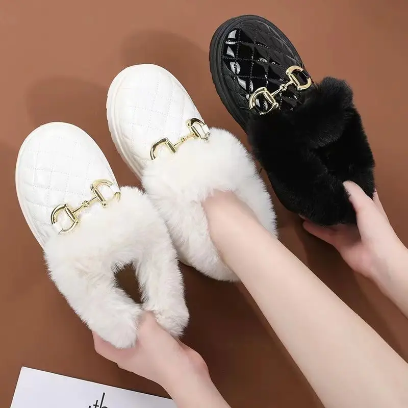 Women's White Fleece Slip-On Winter Shoes with Gold Buckle — feature 4