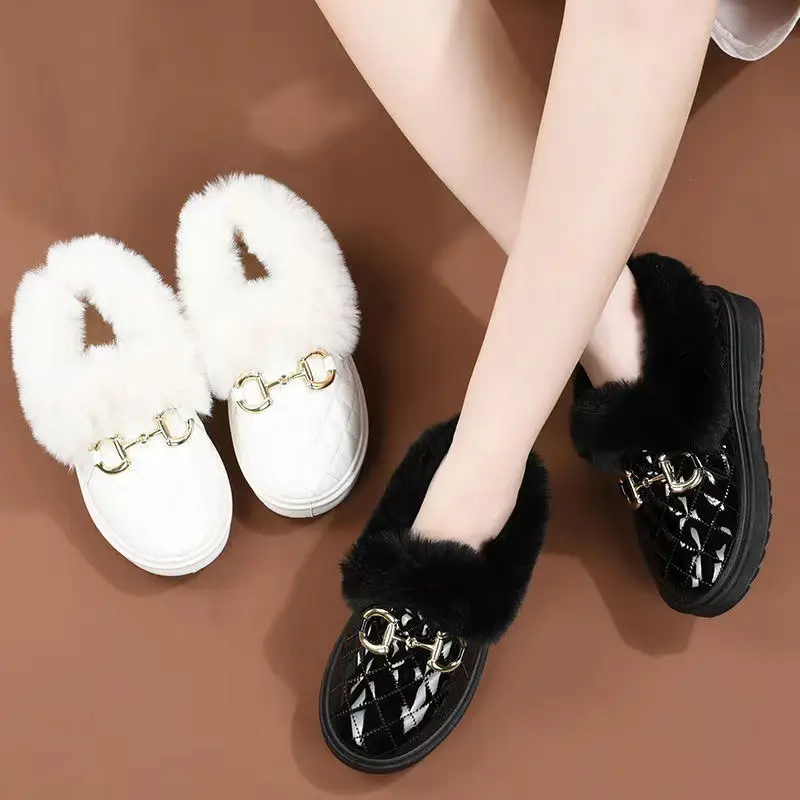 Women's White Fleece Slip-On Winter Shoes with Gold Buckle — feature 5