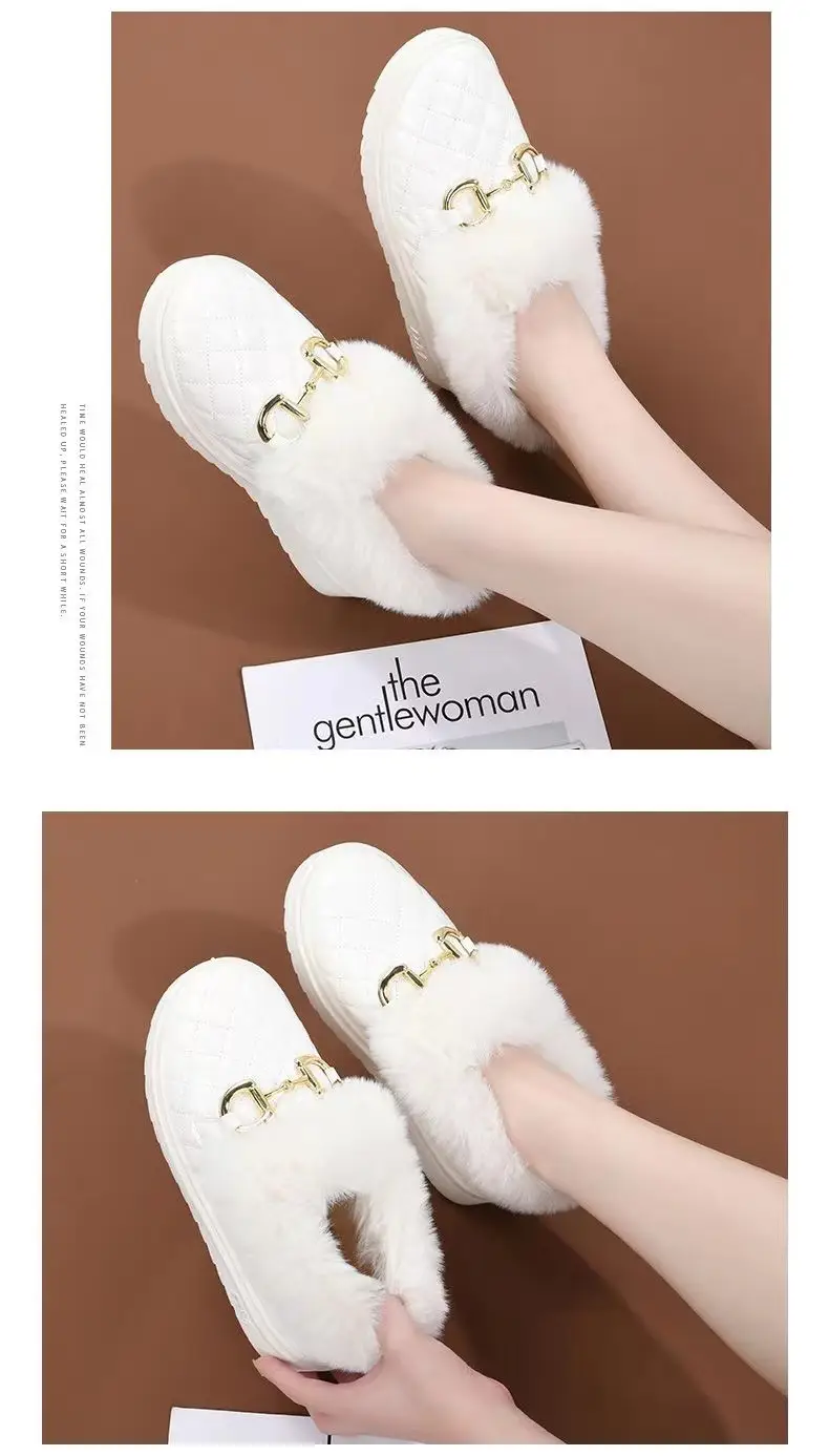 Women's White Fleece Slip-On Winter Shoes with Gold Buckle — feature 9