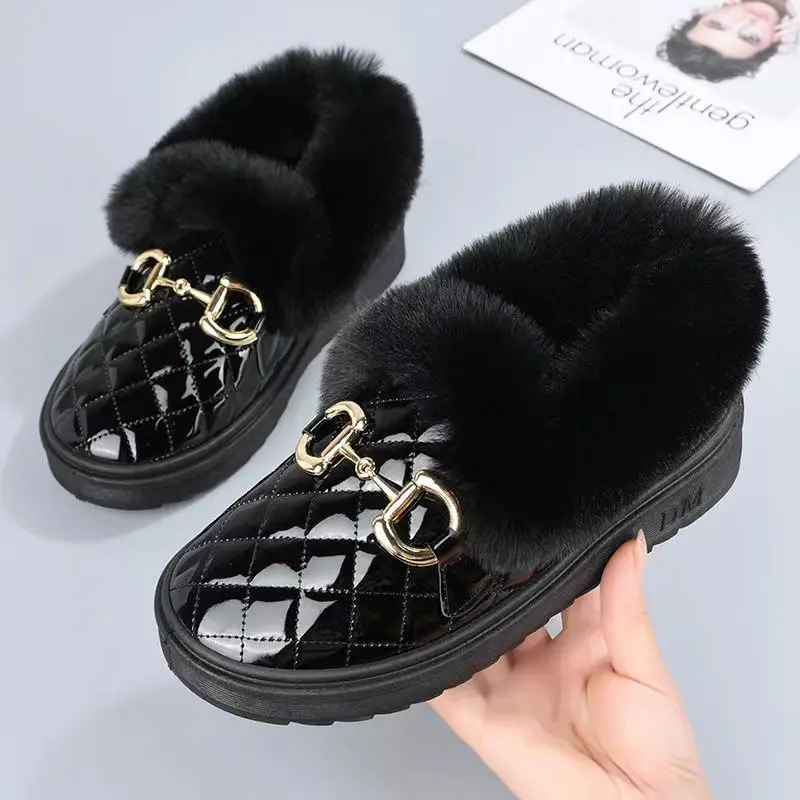 Women's White Fleece Slip-On Winter Shoes with Gold Buckle