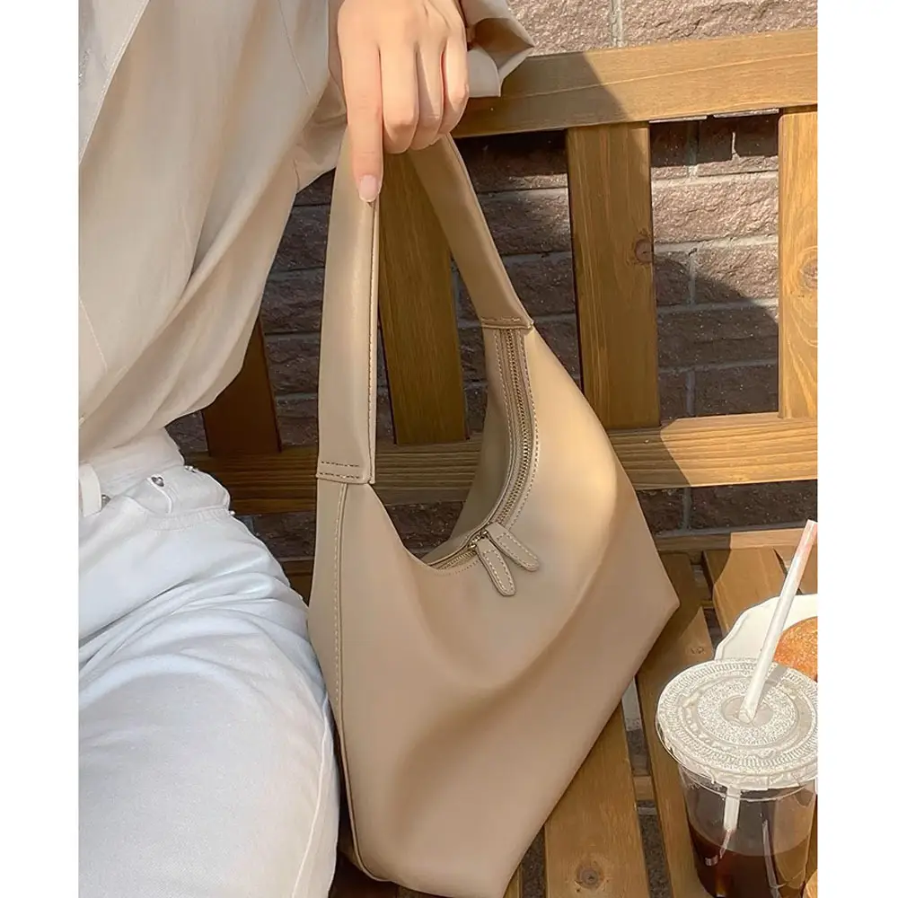 Soft Leather Retro Shoulder Bag in Milk Tea Color - Image 6