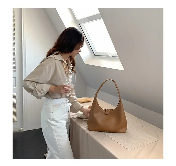 Soft Leather Retro Shoulder Bag in Milk Tea Color — feature 19
