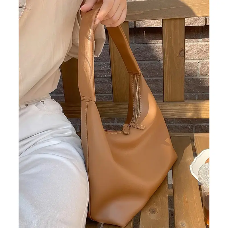 Soft Leather Retro Shoulder Bag in Milk Tea Color - Image 4