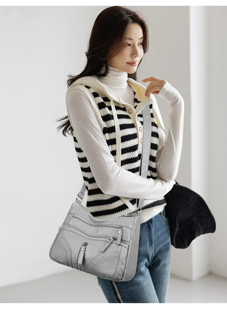 Silver Crossbody Shoulder Bag for Women with Leather Texture — feature 14