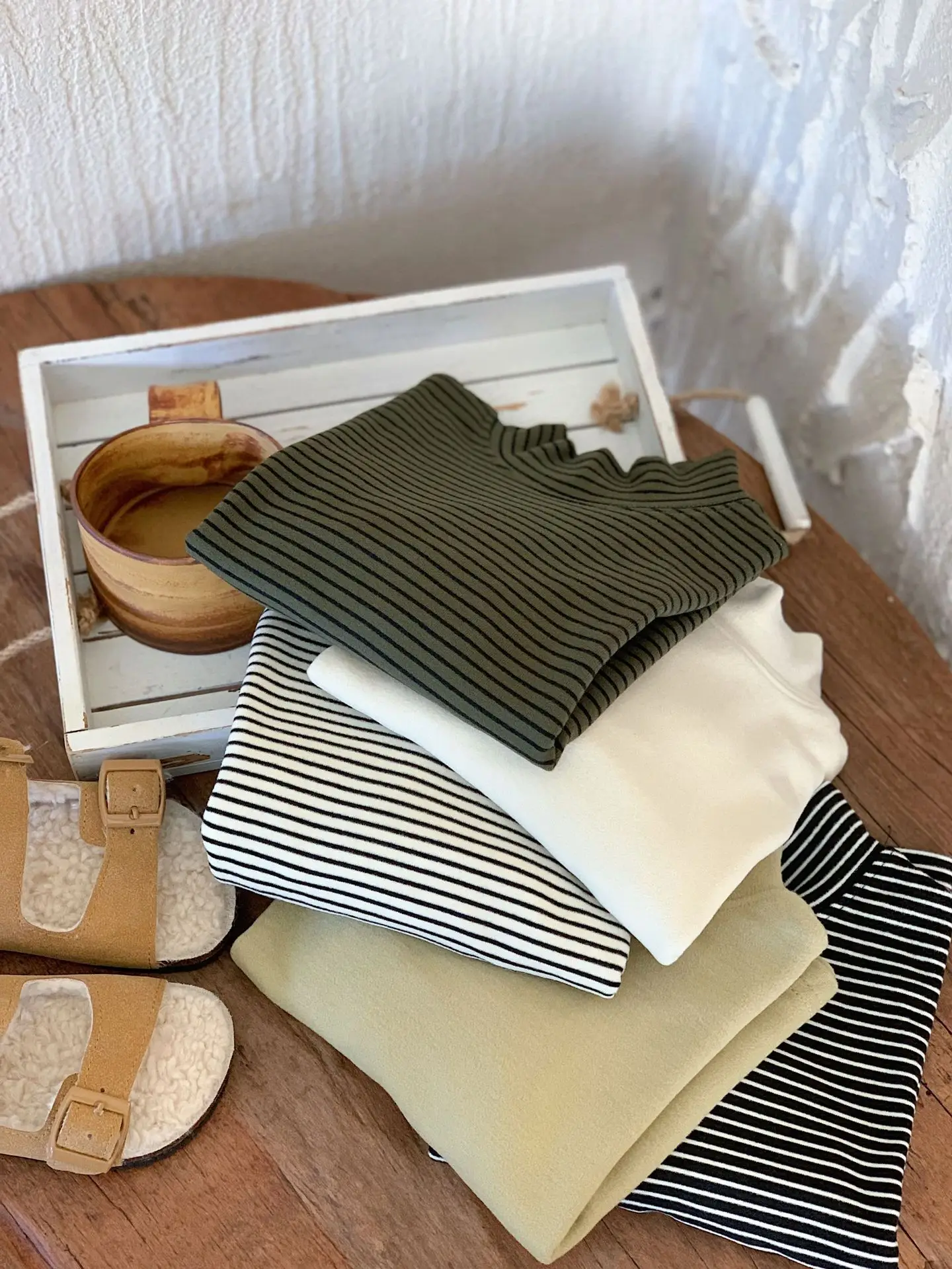 Children Striped Fleece T-Shirt Cream White Half Collar — feature 1