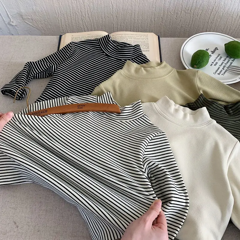 Children Striped Fleece T-Shirt Cream White Half Collar — feature 12