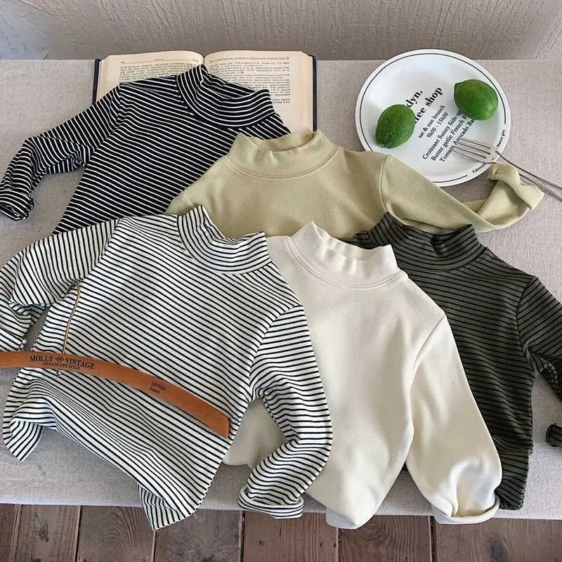 Children Striped Fleece T-Shirt Cream White Half Collar — feature 4