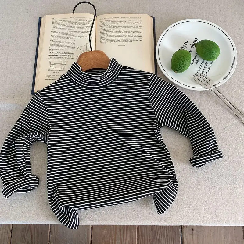 Children Striped Fleece T-Shirt Cream White Half Collar — feature 6