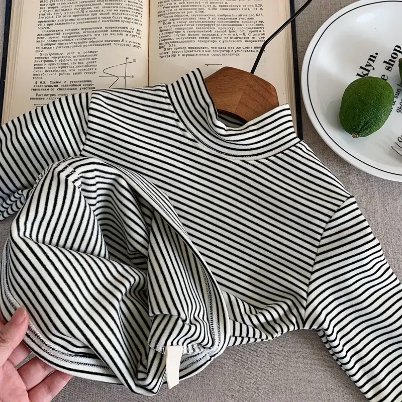 Children Striped Fleece T-Shirt Cream White Half Collar — feature 8