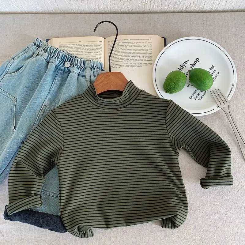 Children Striped Fleece T-Shirt Cream White Half Collar - Image 2