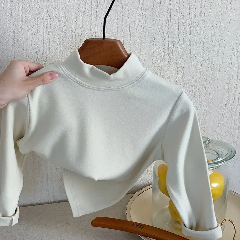 Children Striped Fleece T-Shirt Cream White Half Collar - Image 3