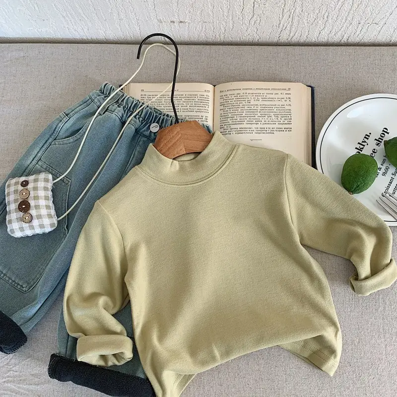 Children Striped Fleece T-Shirt Cream White Half Collar - Image 4