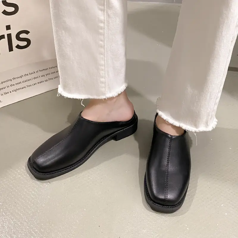 Deep Mouth Women's Loafers 2024 Retro Soft Leather Flat Bottom Plaid Casual Heel Covering Low Heel Single Shoes Two-Wear - Image 5