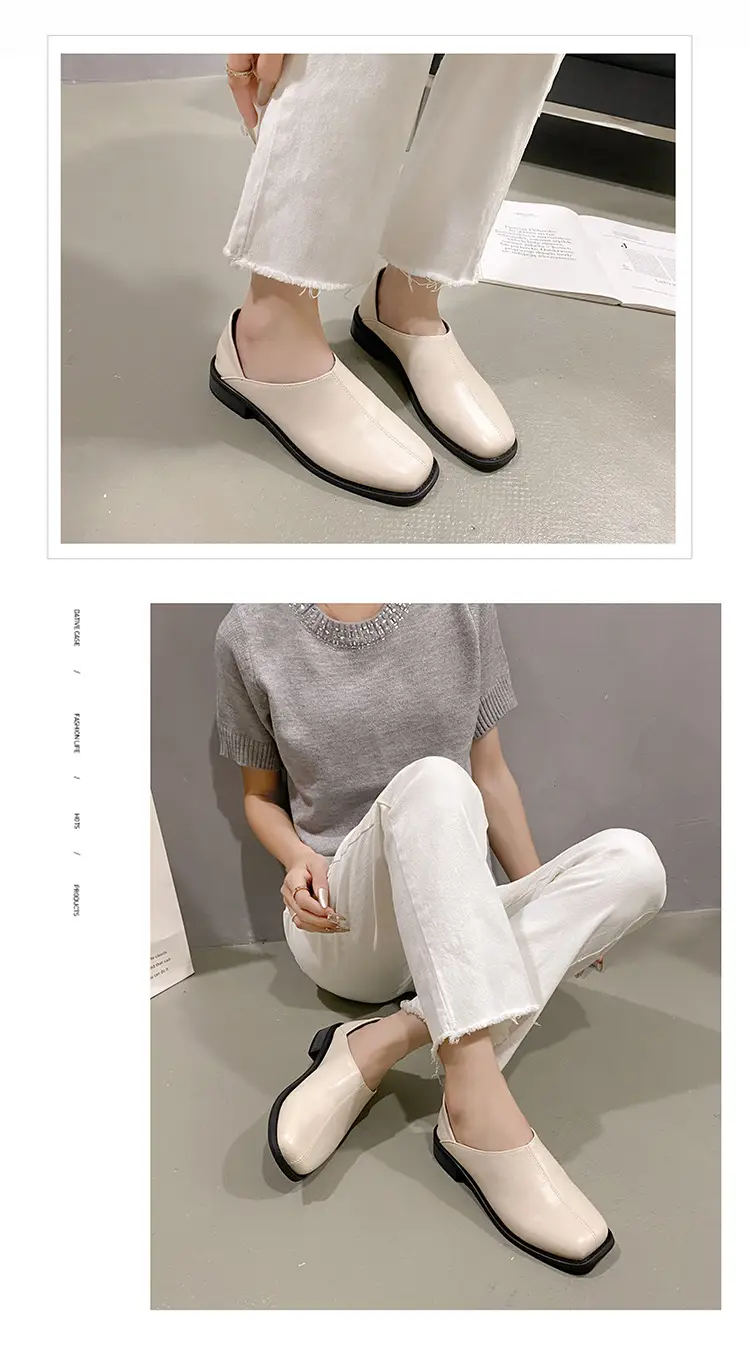 Deep Mouth Women's Loafers 2024 Retro Soft Leather Flat Bottom Plaid Casual Heel Covering Low Heel Single Shoes Two-Wear — feature 10