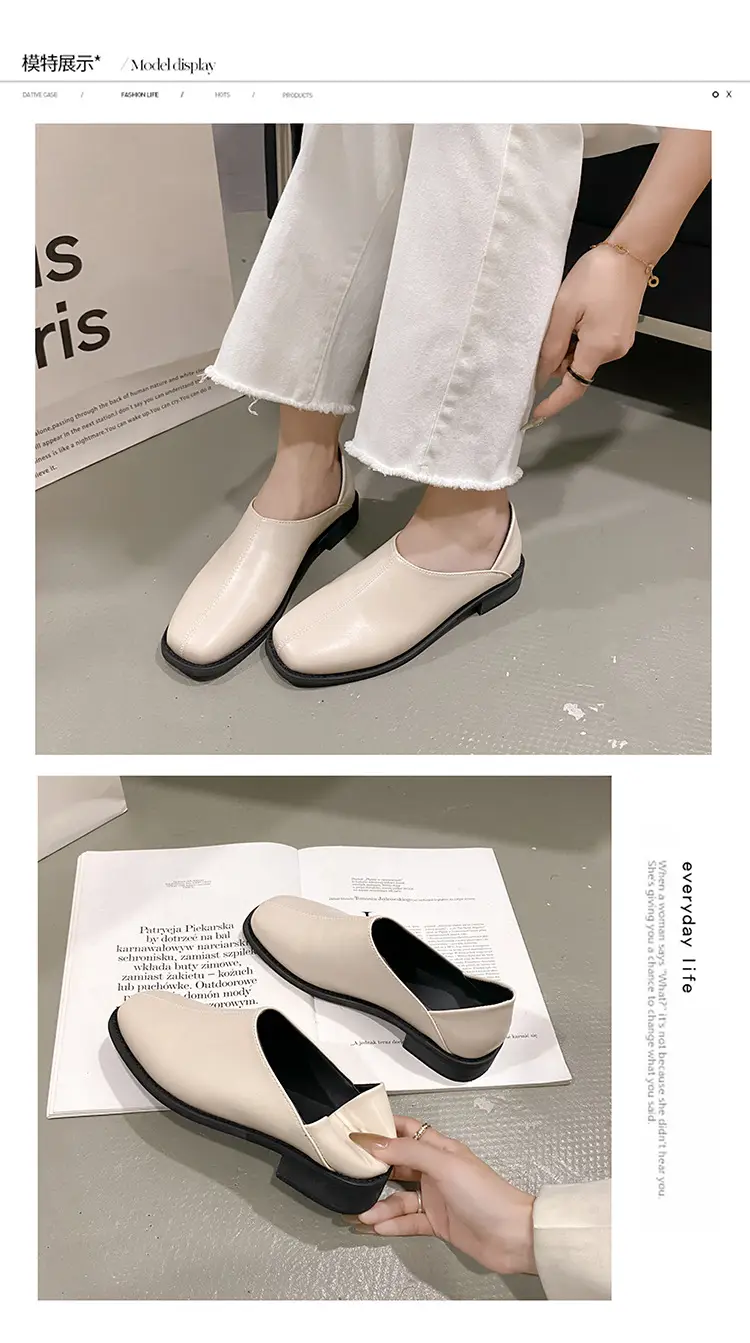 Deep Mouth Women's Loafers 2024 Retro Soft Leather Flat Bottom Plaid Casual Heel Covering Low Heel Single Shoes Two-Wear — feature 7