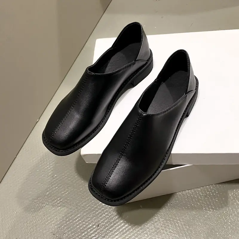 Deep Mouth Women's Loafers 2024 Retro Soft Leather Flat Bottom Plaid Casual Heel Covering Low Heel Single Shoes Two-Wear - Image 2
