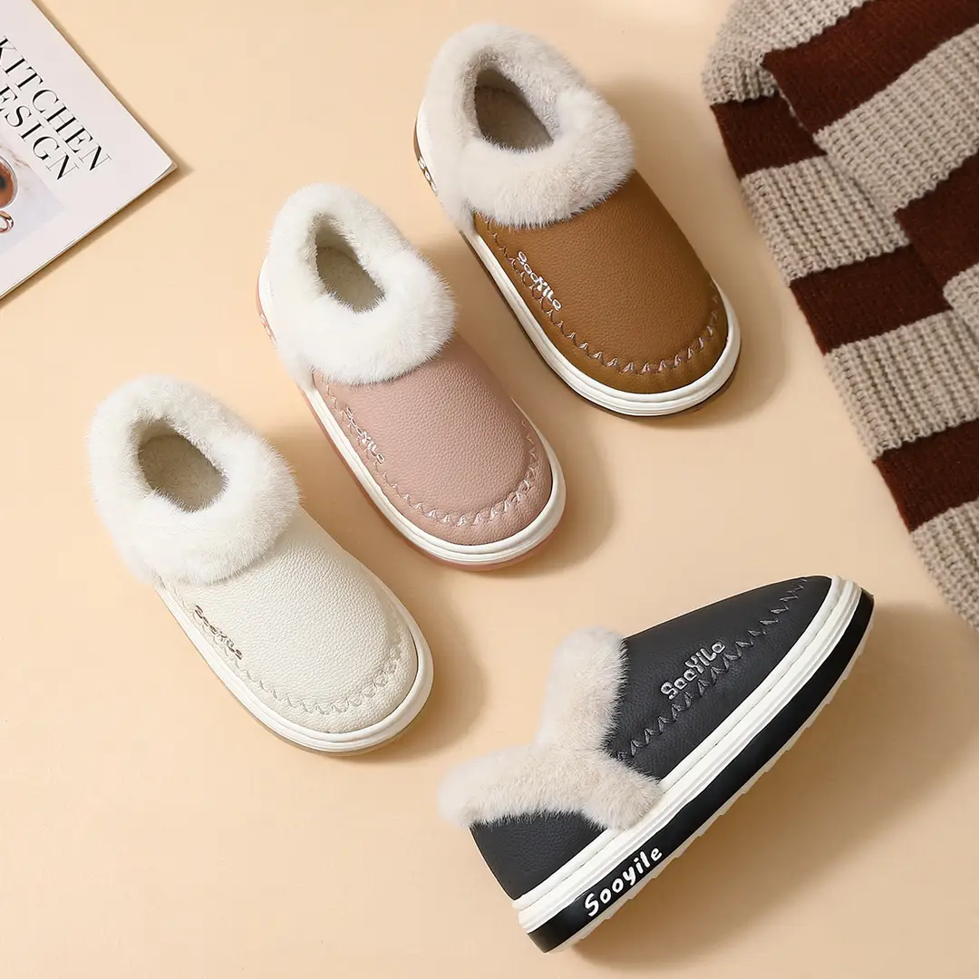 PU waterproof cotton slippers women's winter bag with 2024 new home indoor thick-soled fleece-lined warm cotton shoes for men