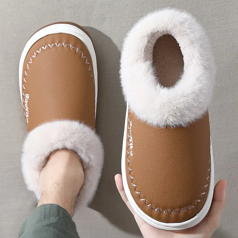 Pu Waterproof Cotton Slippers Bag with Women's Winter Indoor Home Household Men's Plush Warm Winter Cotton Shoes Men's Winter - Image 3