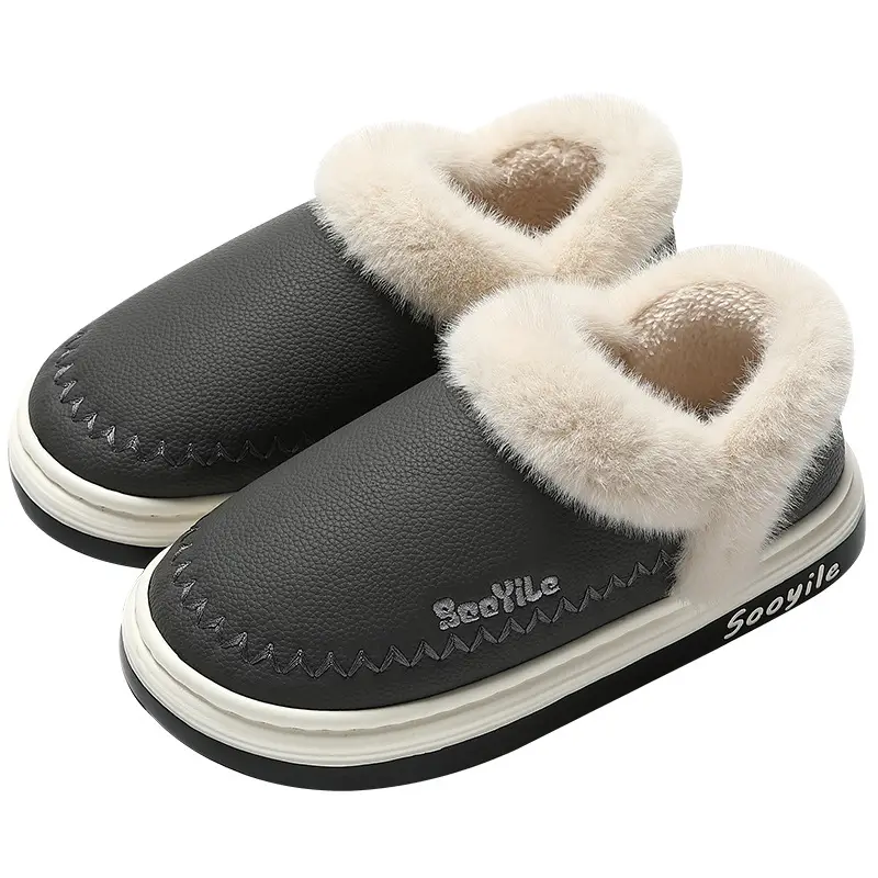 Pu Waterproof Cotton Slippers Bag with Women's Winter Indoor Home Household Men's Plush Warm Winter Cotton Shoes Men's Winter - Image 7
