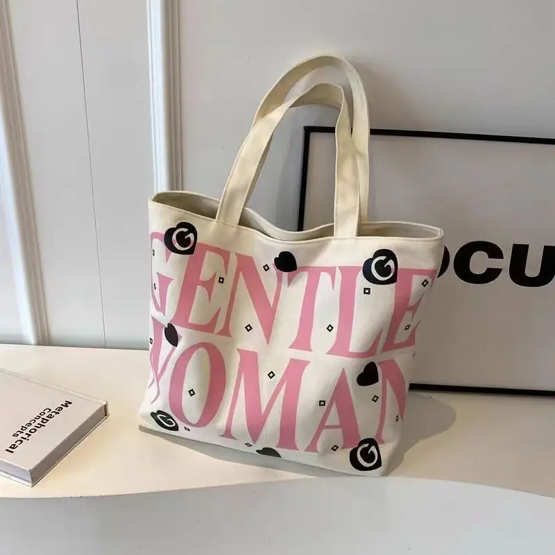 Student Canvas Tote Bag Black Pink Print Large Capacity - Image 7