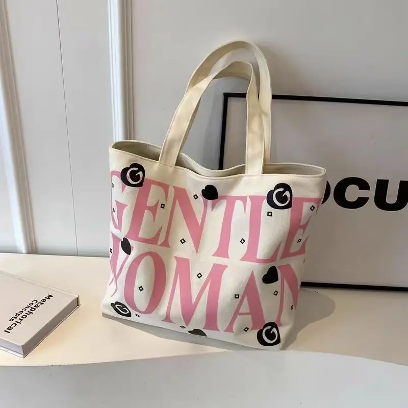 Student Canvas Tote Bag Black Pink Print Large Capacity — feature 12