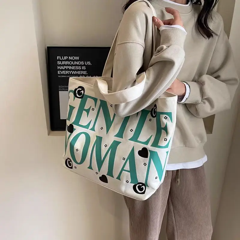 Student Canvas Tote Bag Black Pink Print Large Capacity — feature 6