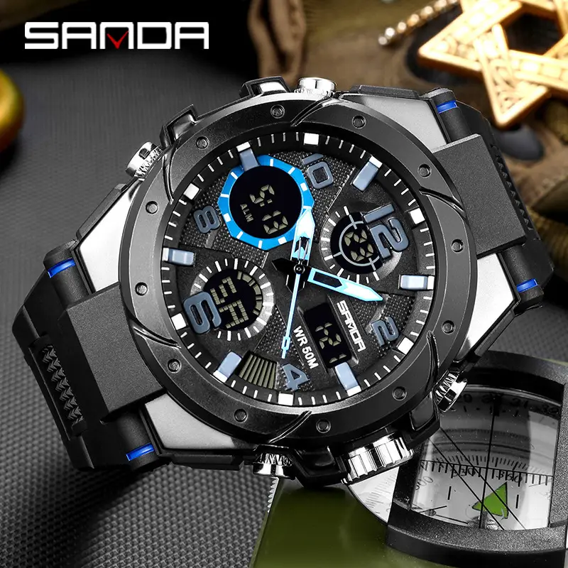 Men's Waterproof Sports Watch Green Rubber Quartz Multifunctional