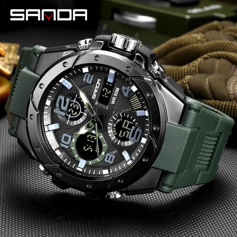 Men's Waterproof Sports Watch Green Rubber Quartz Multifunctional