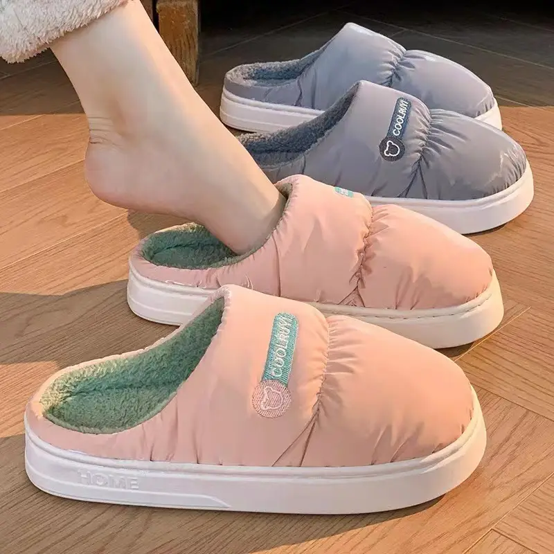 Autumn and Winter Women's Down Cloth Waterproof fleece-lined Cotton Slippers 2024 New Non-slip Thick Bottom Warm Couple Cotton Slippers for Men