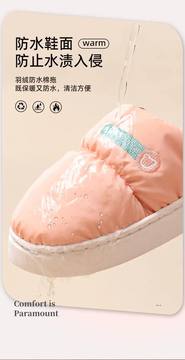 Autumn and Winter Women's Down Cloth Waterproof fleece-lined Cotton Slippers 2024 New Non-slip Thick Bottom Warm Couple Cotton Slippers for Men — feature 4