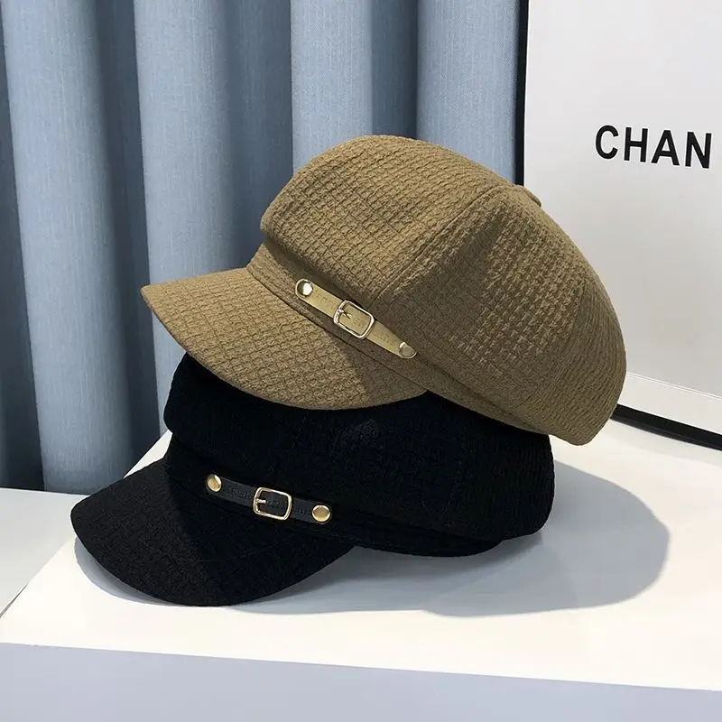 Black Plaid Leather Buckle Octagonal Beret for Women Spring Autumn Korean Fashion - Image 7
