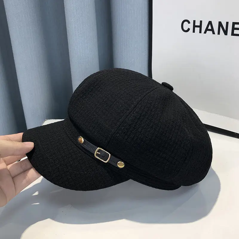 Black Plaid Leather Buckle Octagonal Beret for Women Spring Autumn Korean Fashion - Image 8