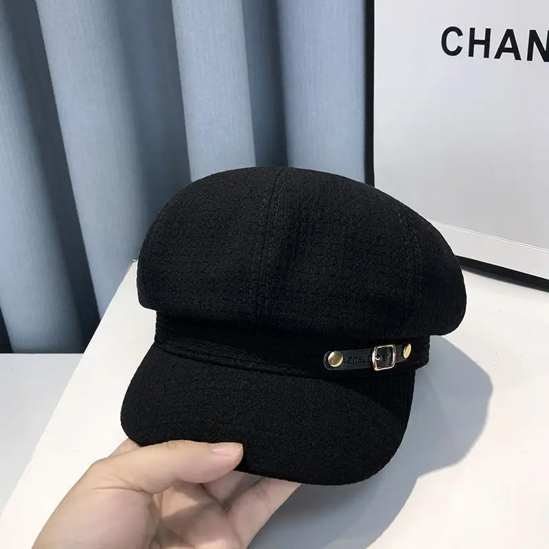 Black Plaid Leather Buckle Octagonal Beret for Women Spring Autumn Korean Fashion — feature 13