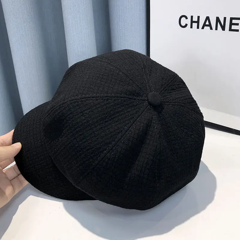 Black Plaid Leather Buckle Octagonal Beret for Women Spring Autumn Korean Fashion — feature 15