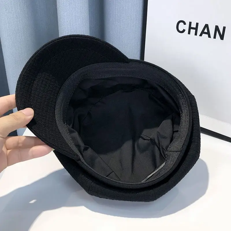 Black Plaid Leather Buckle Octagonal Beret for Women Spring Autumn Korean Fashion — feature 16