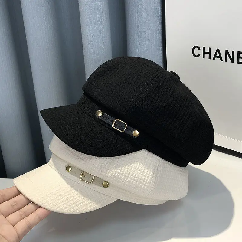 Black Plaid Leather Buckle Octagonal Beret for Women Spring Autumn Korean Fashion — feature 3