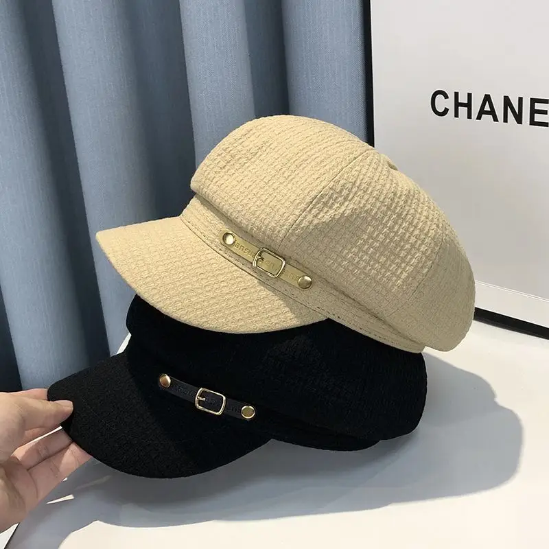 Black Plaid Leather Buckle Octagonal Beret for Women Spring Autumn Korean Fashion — feature 5