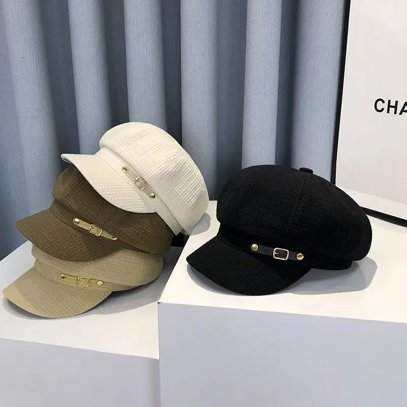 Black Plaid Leather Buckle Octagonal Beret for Women Spring Autumn Korean Fashion — feature 7