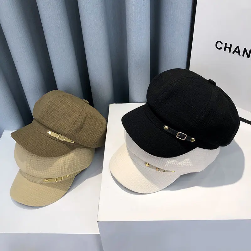 Black Plaid Leather Buckle Octagonal Beret for Women Spring Autumn Korean Fashion — feature 8
