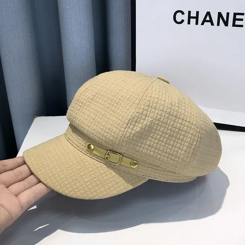 Black Plaid Leather Buckle Octagonal Beret for Women Spring Autumn Korean Fashion - Image 3