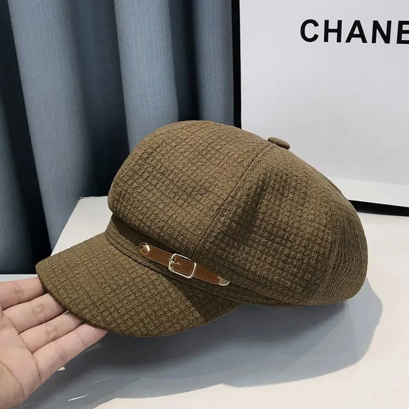Black Plaid Leather Buckle Octagonal Beret for Women Spring Autumn Korean Fashion - Image 4