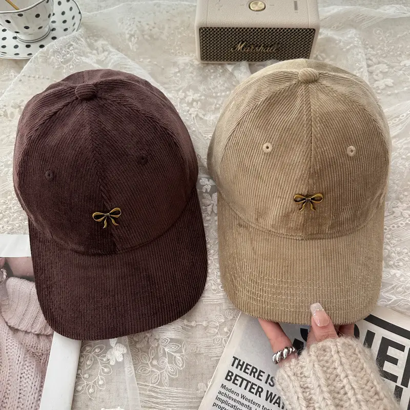 Bow Baseball Cap Women Warm Corduroy Wide Brim - Image 9