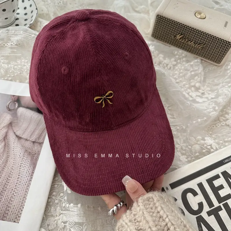 Bow Baseball Cap Women Warm Corduroy Wide Brim - Image 2