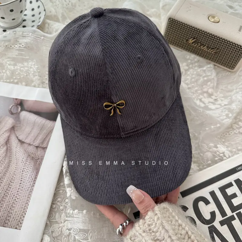 Bow Baseball Cap Women Warm Corduroy Wide Brim - Image 3
