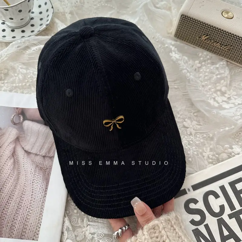 Bow Baseball Cap Women Warm Corduroy Wide Brim - Image 4