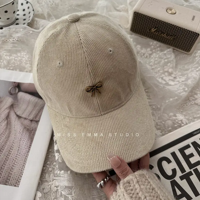 Bow Baseball Cap Women Warm Corduroy Wide Brim - Image 5