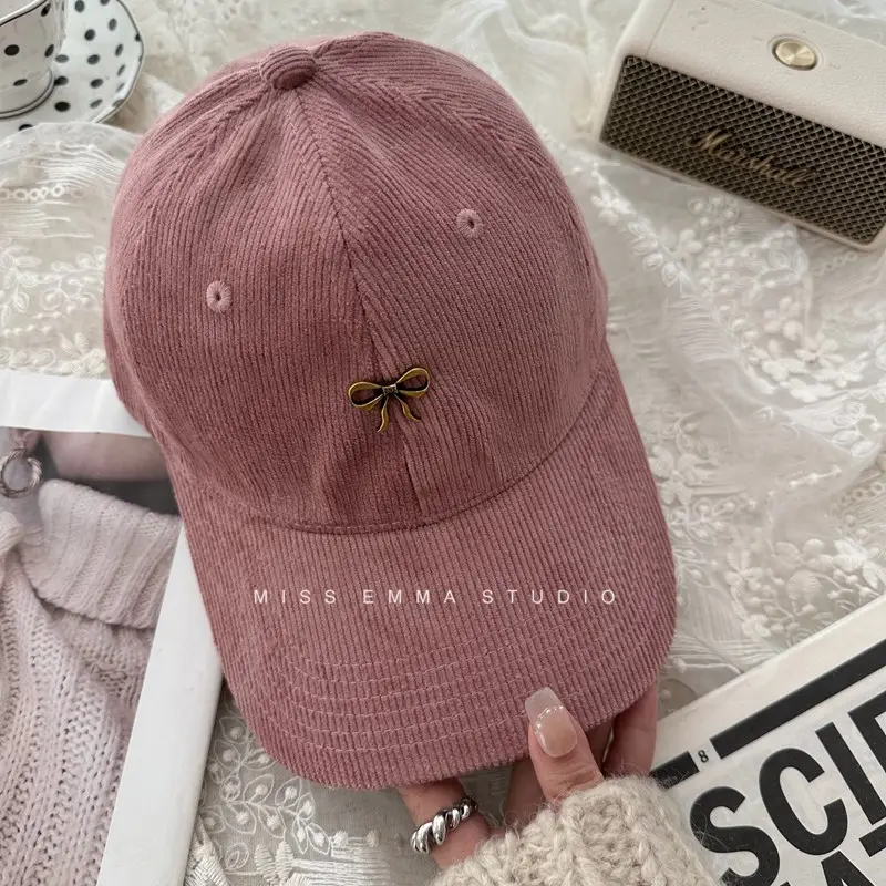 Bow Baseball Cap Women Warm Corduroy Wide Brim - Image 6