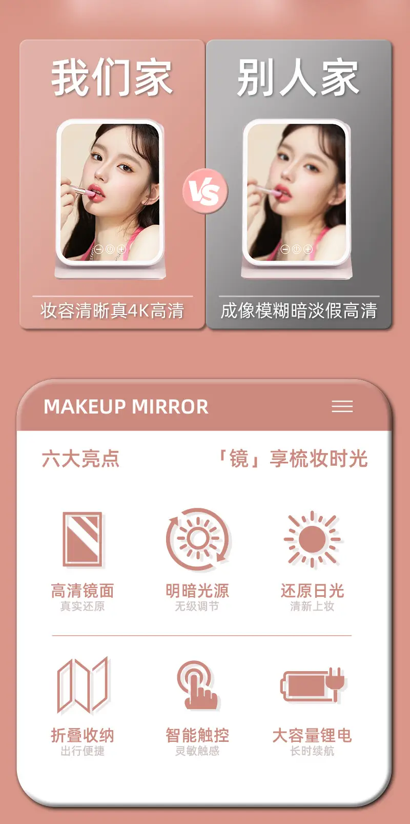 Smart LED Makeup Mirror with Light & Fold Design — feature 2