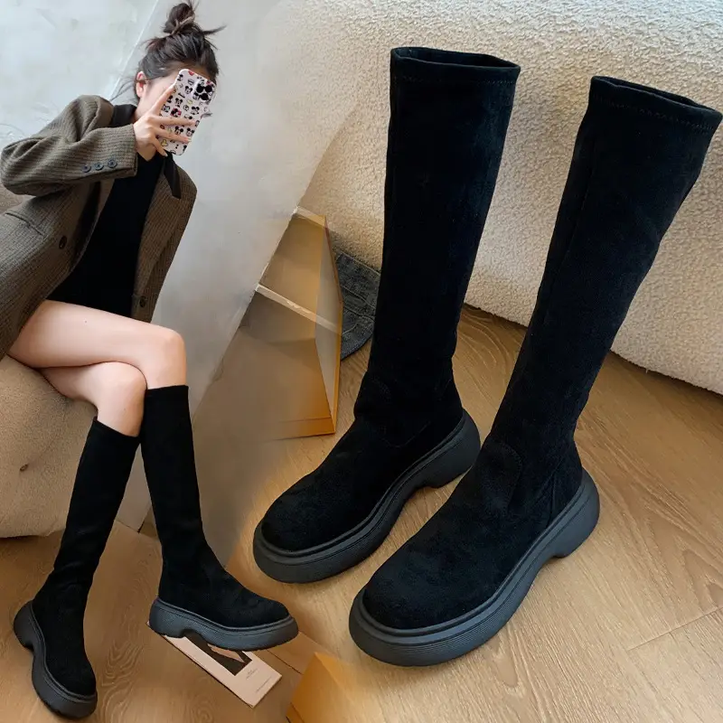 Suede Long Boots Women's Short but Knee Long Boots French Flat Stretch Slim Retro High Knights Boots - Image 5